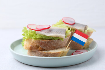 Tasty sandwiches with herring and flag of Netherlands on white background
