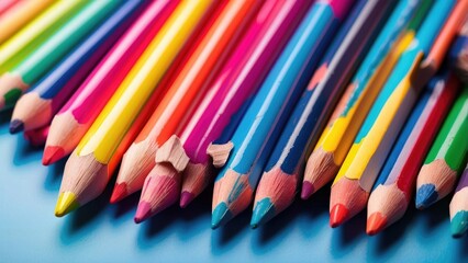 A metal pencil holder filled with an array of colorful pencils sits on a bright blue surface