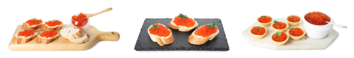 Yummy red caviar. Sandwiches and tartlets with salmon roe isolated on white, set