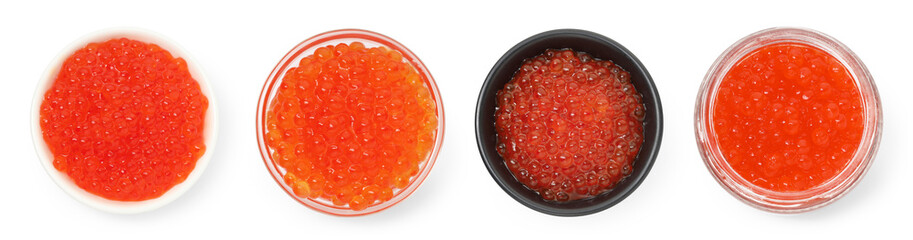 Red caviar in bowls and jar isolated on white, set. Salmon roe