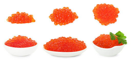 Salmon roe. Red caviar isolated on white, set