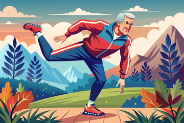 Obraz premium vector of An old fit athlete in tracksuit balancing on one foot and stretching it while preparing for fitness in nature.
