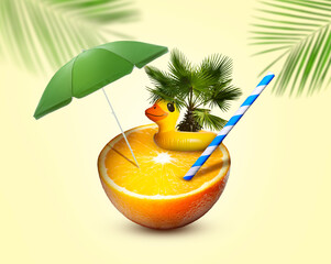 Summer vibe. Half of orange with beach umbrella, straw, duck swim ring and palm on beige background, creative collage