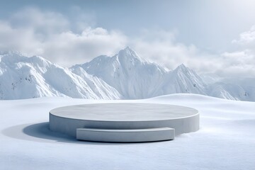 A white podium in a snowy landscape with mountains and clouds in the background for product display