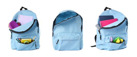 Light blue backpack isolated on white, collage. Empty and filled with stationery