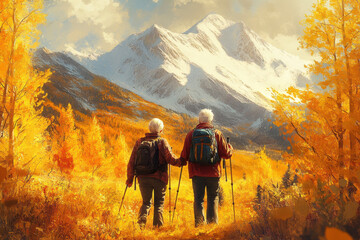 Two people walking in a forest with mountains looming in the background.