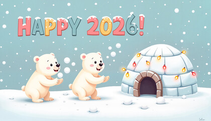 Three playful baby polar bears tossing snowballs near a snowy igloo decorated with colorful festive lights, cheerful winter celebration concept. Greeting card