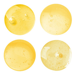 Drops of golden serum on white background, set