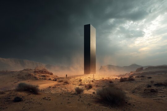 A towering black monolith dominates the barren desert, surrounded by dramatic clouds and distant mountains as a lone figure approaches Generative AI