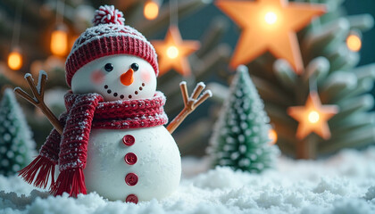 Joyful snowman with a carrot nose and button eyes wearing a knitted scarf, surrounded by softly lit pine trees and glowing stars, winter holiday spirit. Greeting card
