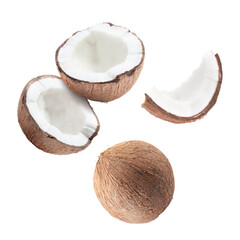 Many fresh coconuts flying on white background