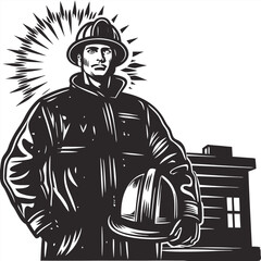 Firefighter posing with helmet under arm, sun behind Silhouette vector illustration