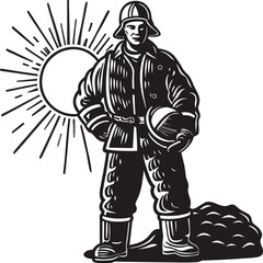 Firefighter posing with helmet under arm, sun behind Silhouette vector illustration