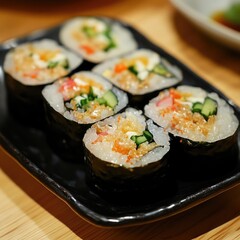 Deliciously arranged sushi rolls on a dark plate