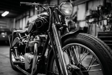 A classic motorcycle is showcased in a workshop filled with tools, showcasing craftsmanship and automotive passion in the afternoon light Generative AI