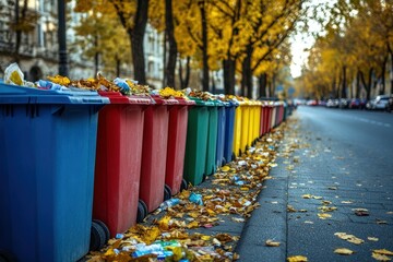 Fototapeta premium Colorful bins line a city street, filled with recyclable waste and autumn leaves. The image conveys an organized public waste disposal system, promoting eco-friendly urban cleanliness.