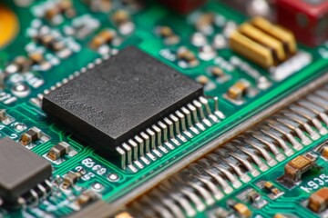 A microchip is prominently displayed on a circuit board, showcasing various electronic components and connections in a modern design Generative AI