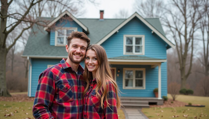 Young couple smiling together in cozy flannel shirts in front of a blue country-style house, rustic happiness concept. Happy couple smiling in front of their new home 
