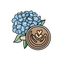 Illustration with cup of coffee and hydrangea