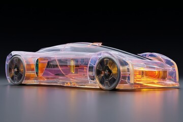 A sleek, transparent sports car with glowing details is displayed in a studio, highlighting its futuristic design and advanced technology Generative AI