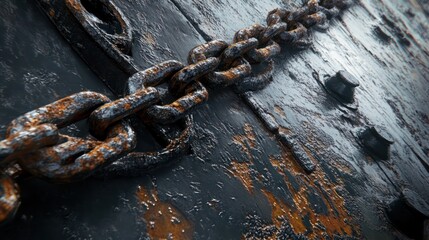 Rusty chain on weathered wood