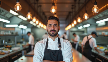 Latino chef confidently presenting in a high-end restaurant kitchen with fellow chefs at work, symbolizing elite culinary passion.