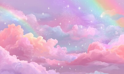 Pastel rainbow sky with fluffy clouds and twinkling stars creating a dreamy and magical atmosphere