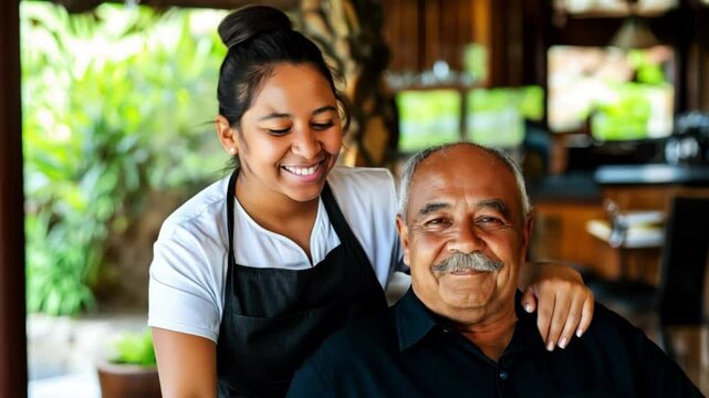 Young Hispanic woman providing home healthcare for father, senior home care concept