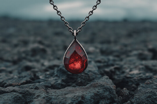 Close up of dark metal necklace with red teardrop gemstone pendant hanging over rough volcanic rock