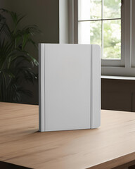 Blank agenda or notebook placed on wooden table top. Template for mock up to be branded.

