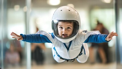 Child joyfully experiencing indoor skydiving in a wind tunnel, wearing a white suit and helmet, expressing excitement and happiness while playfully hovering. Video made using Generative AI.