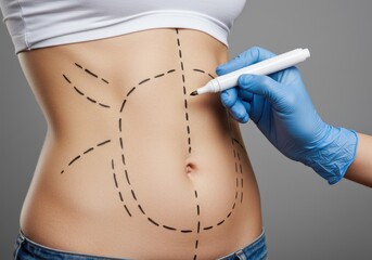Close-up of woman midsection with surgical markings and gloved hand holding marker for cosmetic procedure prep
