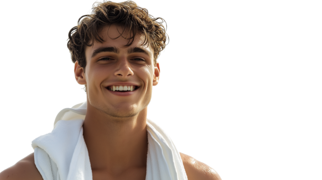 Young man with towel over shoulders, sun-drenched look, beach-ready smile, no hands visible png 
