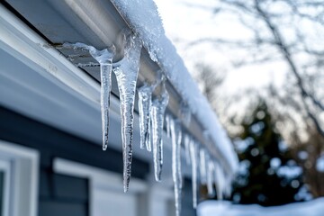 An ice dam forming in a winter gutter, with icicles hanging from the roof, capturing the chill of the season with space for a banner