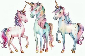 Set Cute Unicorns Different Poses