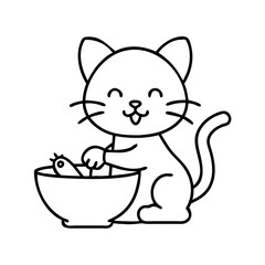 kitten with milk bowl icon, kitten with milk bowl line art - simple line art of kitten with milk bowl, perfect for kitten with milk bowl logos and icons