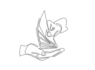 Continuous one line drawing hand receives money from the other hand. Wealth and prosperity concept. Single line draw design vector graphic illustration.	