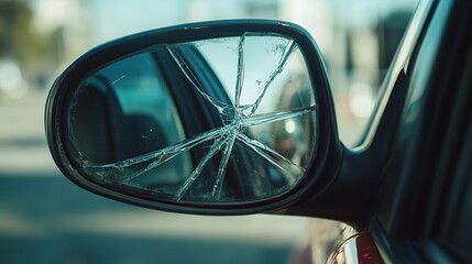 Close up of a car side mirror with a shattered glass surface reflecting the surroundings outside