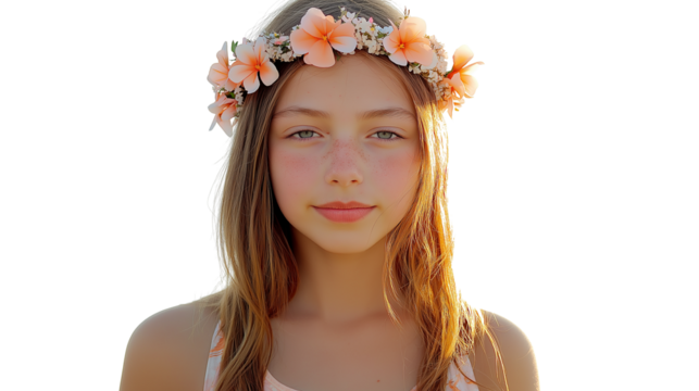 Teen girl with floral headband and summer dress, glowing skin, natural summer lighting, from waist up, no hands, white background, PNG format
