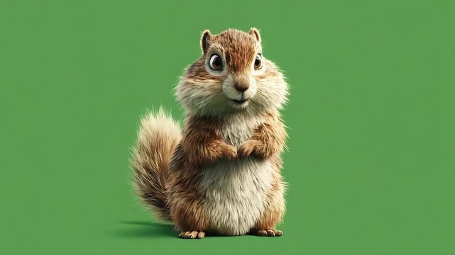 Cute squirrel standing upright on a vibrant green background, showcasing its fluffy fur and expressive eyes