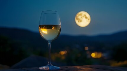 Glass of white wine sits on balcony railing against backdrop of full moon rising over dark mountain silhouettes at dusk, copy space