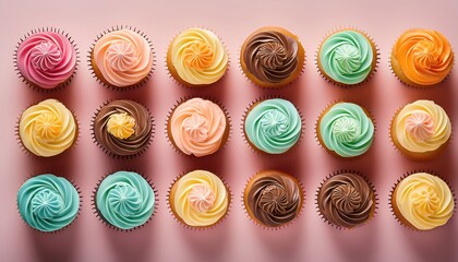 Obraz premium Colorful assorted cupcakes with swirled frosting on pastel background