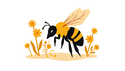 Bee collecting pollen from flowers in a simplified illustration, nature's beauty