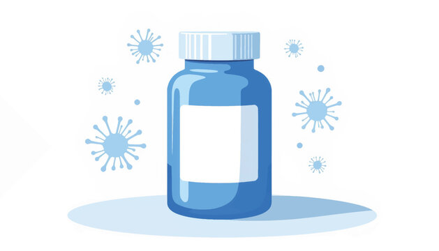 Blue allergy medication bottle with pollen representations, health concept