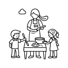 mom and kids baking icon, mom and kids baking line art - simple line art of mom and kids baking, perfect for mom and kids baking logos and icons