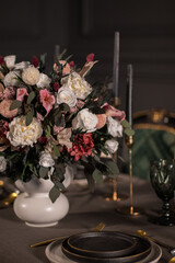 Flower arrangement of stabilized light flowers in a classic style for home, hotel, restaurant.