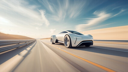 Fototapeta premium A white futuristic car speeds along a highway in a desert, under a bright blue sky.
