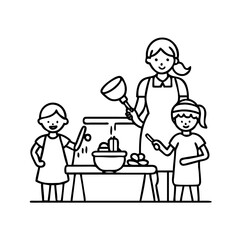 mom and kids baking icon, mom and kids baking line art - simple line art of mom and kids baking, perfect for mom and kids baking logos and icons