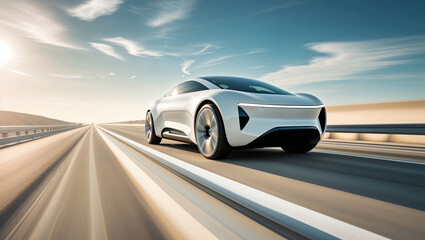 A white, futuristic electric car speeds along a highway under a vast blue sky and sunshine.