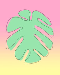 Tropical monstera leaf with rough black outline on a pink-yellow sunset gradient background. Vibrant, artistic, and modern botanical illustration.